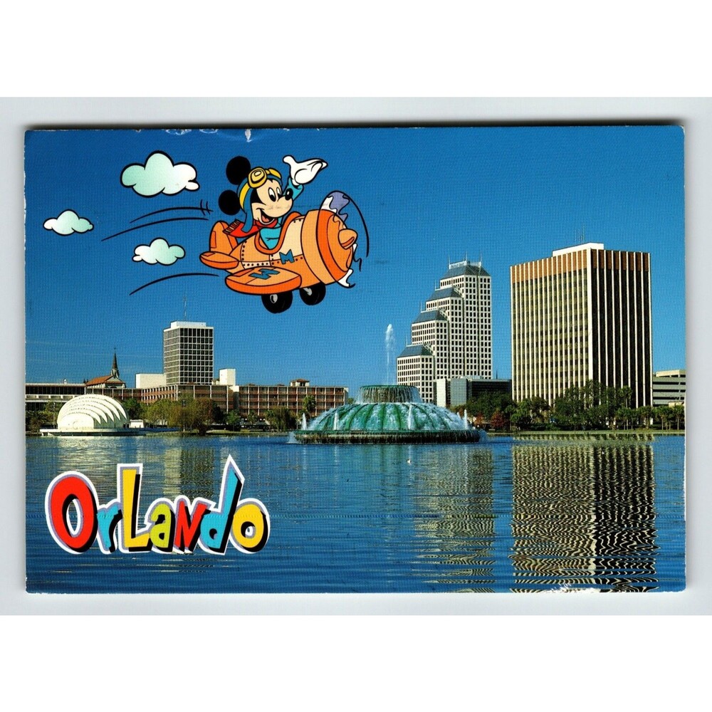Orlando Florida Postcard Mickey Mouse In Airplane View Of Lake Eola 2002